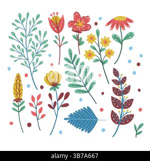 Collection of flat leaf and flower plant forest herbs in Scandinavian style, tropical leaves and nature elements Stock Vector