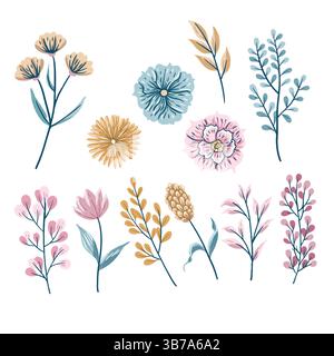 Collection of flat Scandinavian style tropical leaves and flower plants with natural forest herbs illustrations Stock Vector