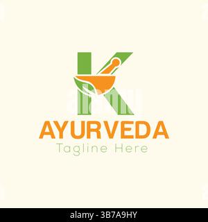 Initial Letter K Ayurveda Eco Logo Design, Pharmacy Concept Vector Template Stock Vector