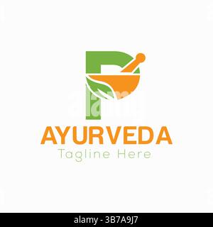 Initial Letter P Ayurveda Eco Logo Design, Pharmacy Concept Vector Template Stock Vector