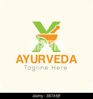 Initial Letter X Ayurveda Eco Logo Design, Pharmacy Concept Vector Template Stock Vector