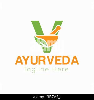 Initial Letter V Ayurveda Eco Logo Design, Pharmacy Concept Vector Template Stock Vector