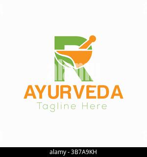 Initial Letter R Ayurveda Eco Logo Design, Pharmacy Concept Vector Template Stock Vector