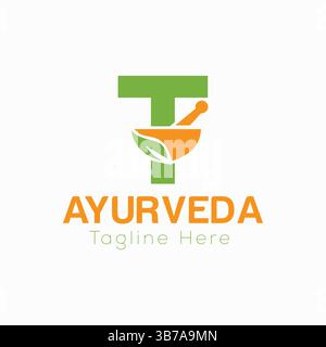 Initial Letter T Ayurveda Eco Logo Design, Pharmacy Concept Vector Template Stock Vector