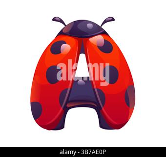 Ladybug cartoon font letter A. Red ladybird kids ABC typeset letter, garden ladybug beetle cartoon vector typeface symbol. Spring lady bug type elemen Stock Vector