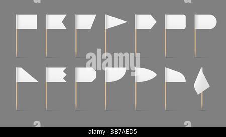 Toothpick flags mockup, white banners of geometric shapes on wooden pointed sticks. Realistic 3d vector set oval, triangular, rectangular double and t Stock Vector