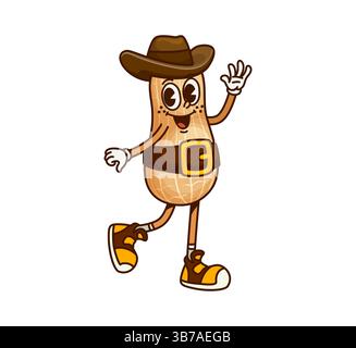 Cartoon groovy peanut cowboy or bandit character. Funny vector groundnut pod ranger or robber retro y2k personage. Western fantasy seed gangster wears Stock Vector