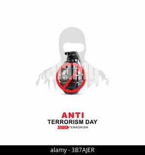 Anti-Terrorism Day with banned grenade and masked figure silhouette Stock Vector