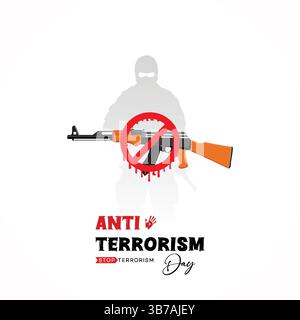 Anti-Terrorism Day with stop weapon symbol and masked figure silhouette Stock Vector