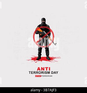 Anti-Terrorism Day with masked figure and weapon prohibition sign Stock Vector