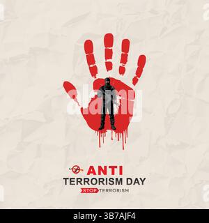 Anti-Terrorism Day with stop hand sign and armed figure illustration Stock Vector