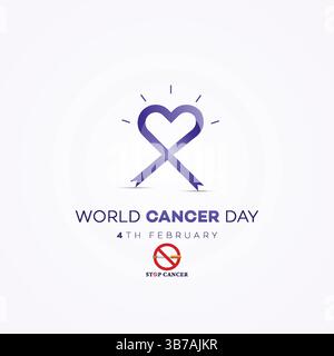 World Cancer Day concept with heart shaped ribbon and stop smoking sign Stock Vector