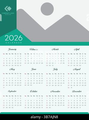 2026 Calendar Poster Template with Modern Design and Space for Image Stock Vector