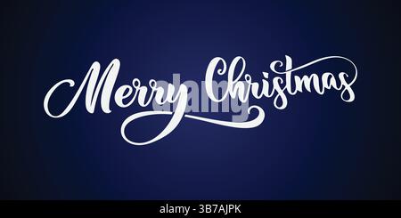White Script "Merry Christmas" Text on a Dark Blue Background Stock Vector