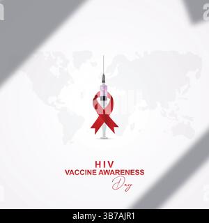 HIV Vaccine Awareness Day Red Ribbon and Syringe on World Map Stock Vector