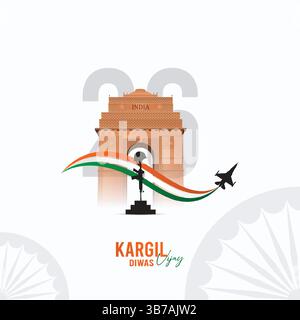 Kargil Vijay Diwas India Gate memorial with Indian flag ribbon and jet Stock Vector