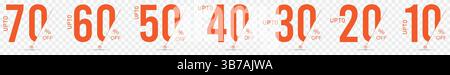 Orange discount percentage numbers from 70 to 10 for sales promotion Stock Vector