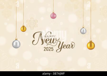 Happy New Year 2025 elegant background with hanging ornaments and snowflakes Stock Vector