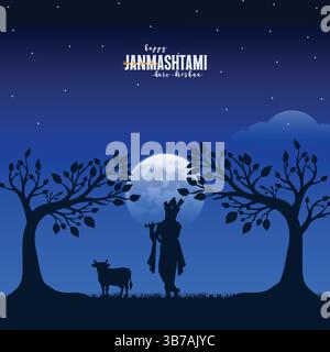 Happy Janmashtami: Lord Krishna with Moon and Silhouette Stock Vector