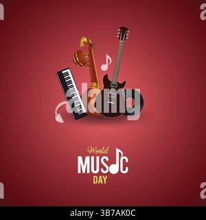 World Music Day Celebration with Instruments and Red Backdrop Stock Vector