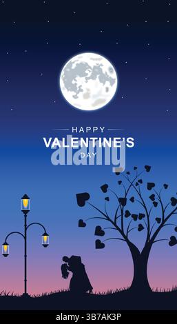 Happy Valentine's Day: Romantic Moonlight Proposal: Silhouette of Couple Under a Heart Tree Stock Vector