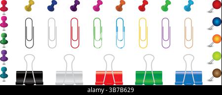 Stationery Clipart set. Office Supply Icons Collection push pins, paper clips and binder Clips Stock Vector
