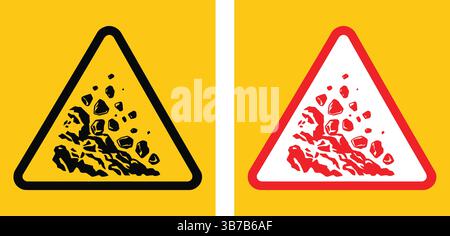 Yellow triangle warning sign indicating landslide zone or unstable slopes. Commonly used for construction or road safety. Stock Vector