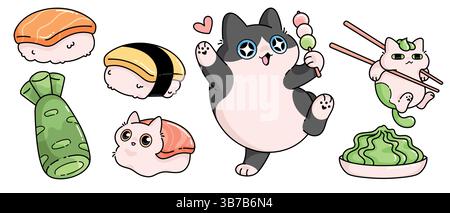 Kawaii Asian food cat stickers - cute kitties lying as rice for sushi with salmon on back, hanging on chopsticks with wasabi, enjoying rice ball dessert. Adorable Japanese cuisine mascots illustration Stock Vector