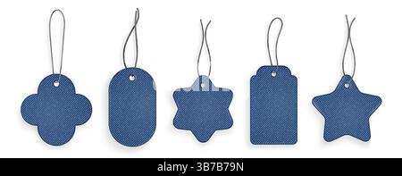 Denim texture patch set for tags - flower, heart, star and square shapes with holes and threads. Realistic blue jeans fabric labels in various forms for fashion design and clothing decoration. Stock Vector