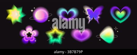 Y2k gradient hearts, stars and flowers collection - vibrant neon glow shapes set. Blurred colorful light effects symbols on black background. Retro style graphic elements with radiance designs. Stock Vector