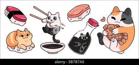 Kawaii food cat stickers - anime style kitties on chopsticks, in soy sauce bottle, hugging fish shaped cookie, lying on rice as sushi. Cute Japanese cuisine illustrations for restaurant decor. Stock Vector