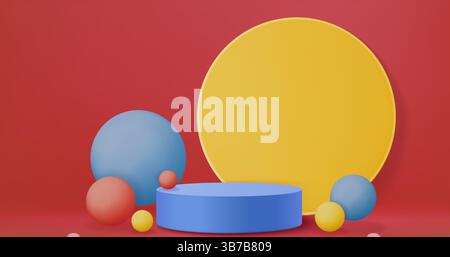 Red blue yellow geometric shapes - podium stage cylinder platform surrounded by colorful glossy sphere. Vivid abstract 3d background with round primitives composition for trendy minimal concept design Stock Vector