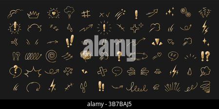 Anime Emotion effect. Collection of arrows, hearts and speech bubble. Doodle Vector illustration in golden color Stock Vector
