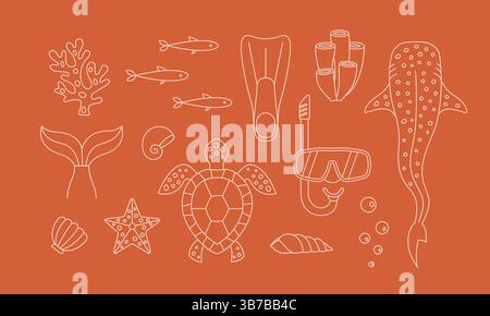 Freediving, scuba with whale shark, turtle, fish. Line vector underwater life, cute illustrations for logo, merch, travel sticker. Stock Vector