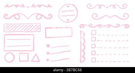 Coquette bullet journal elements. To-do list and stickers for gilly notebook planer. Hand drawn flourishes and stickers Stock Vector