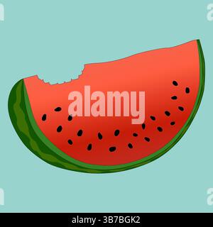 Refreshing vector illustration of cut off watermelon slice with bitten off piece on blue background. Appetizing juicy summer berry with black seeds an Stock Vector