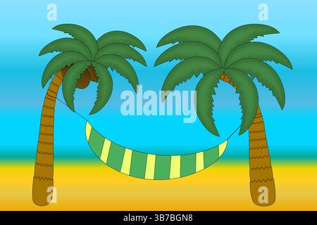 Summer illustration of tropical palm trees with coconuts and striped hammock against a blue sky, sand and sea. Coconut palm on the beach. Ideal for su Stock Vector