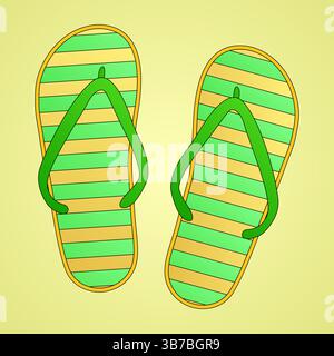 Summer vector illustration of beach flip flops in green and yellow stripes. Beach shoes on yellow background. Striped foot slippers. Perfect for garme Stock Vector