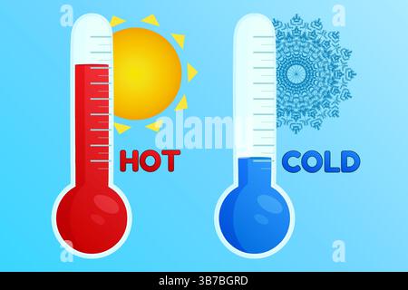 Set of red and blue temperature thermometers showing weather like summer heat and winter cold, sun and snowflake on blue background. Hot and cold indi Stock Vector