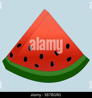 Refreshing vector illustration of a cut piece of watermelon in the form of a triangle on a blue background. Appetizing juicy summer berry with black s Stock Vector