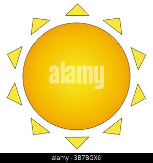 Illustration of bright warm summer sun with triangle shaped rays on isolated white background. Yellow ray. Element of the elements. Ideal for summerti Stock Vector