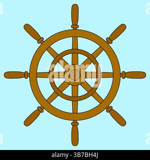 Summer vector illustration of a wooden vintage sea vessel helm on light blue background. Retro ship rudder. Perfect for summertime, nautical, maritime Stock Vector