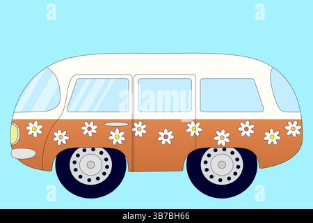 Retro hippie camper van for summer trips with camping, decorated with flowers. Vintage bus for family trips to the tropics on a blue background. Ideal Stock Vector