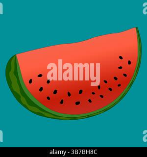 Bright refreshing vector illustration of cut watermelon slice on blue background. Appetizing juicy summer berry with black seeds in vibrant colors. Pe Stock Vector