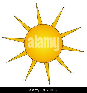 Illustration of warm summer sun with golden pointed rays in the shape of elongated triangles on isolated white background. Orange ray. Ideal for summe Stock Vector