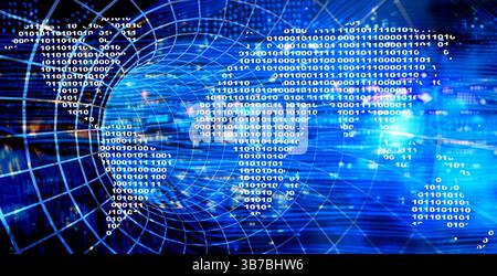 Horizontal futuristic background with mesh tunnel, map of the world from a binary code and abstract circuit board. Global communication, cyber technol Stock Photo
