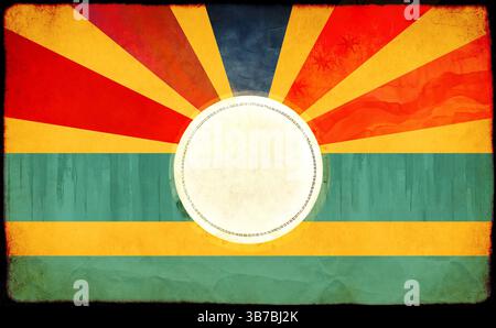 Grunge horizontal or vertical background with old paper textures of red, yellow, dark blue, green, beige color. Creative backdrop with striped burst p Stock Photo
