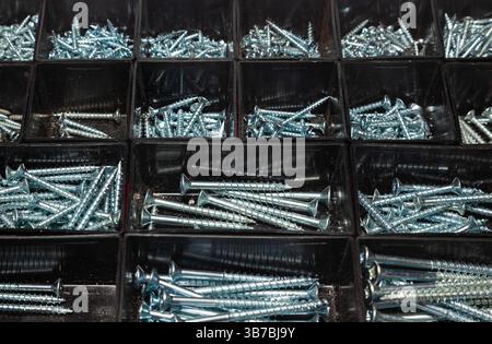 A box of new steel screws of various sizes placed in plastic cells. Stock Photo