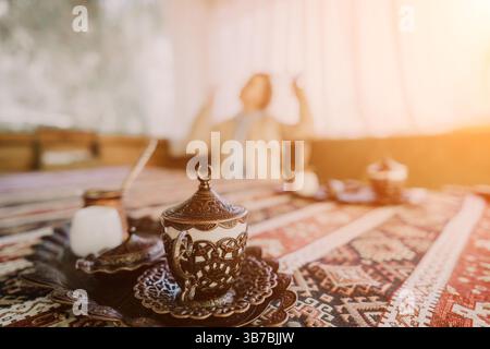 Turkish Coffee, Traditional Serving, Ottoman Pattern Stock Photo