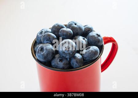 Fresh, raw blueberries in a  red metal or tin cup, on a white background. Top down view,no people. Stock Photo